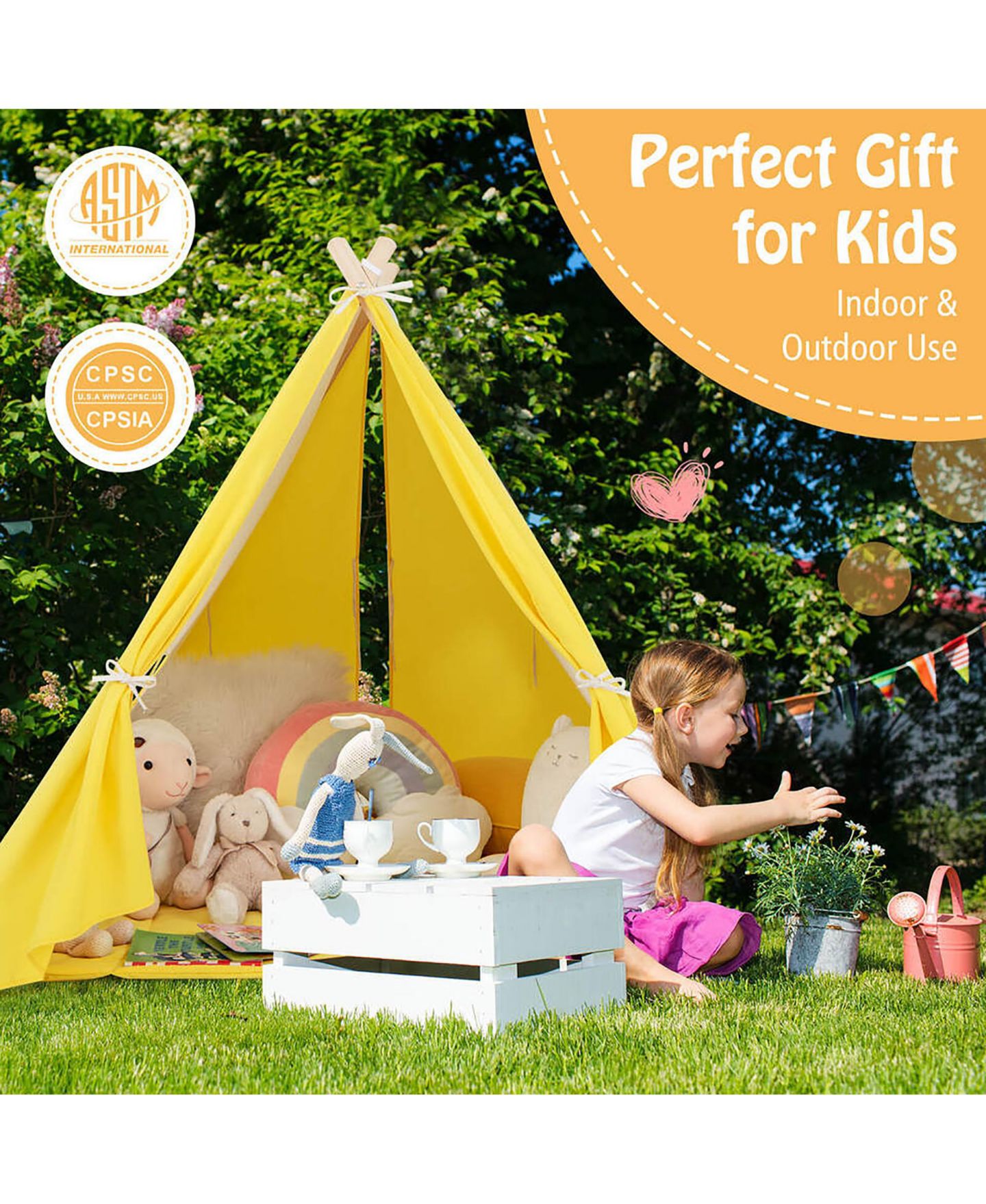 Детская игрушка Gymax Triangular Kids Play Tent with Solid Wood Frame, Ages 3+, цвет: Жёлтый — фото 5