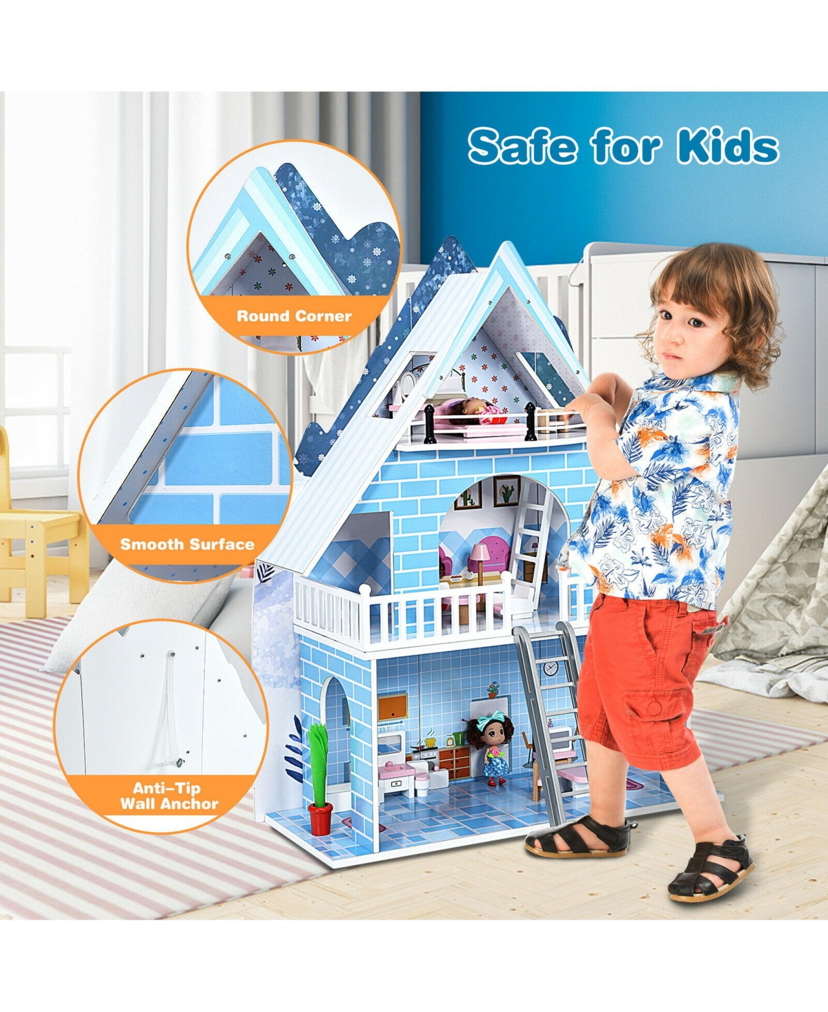 Gymax Wooden Dollhouse 3-Story Pretend Playset W/ Furniture & Doll Gift for Age 3+ Year - Blue+white