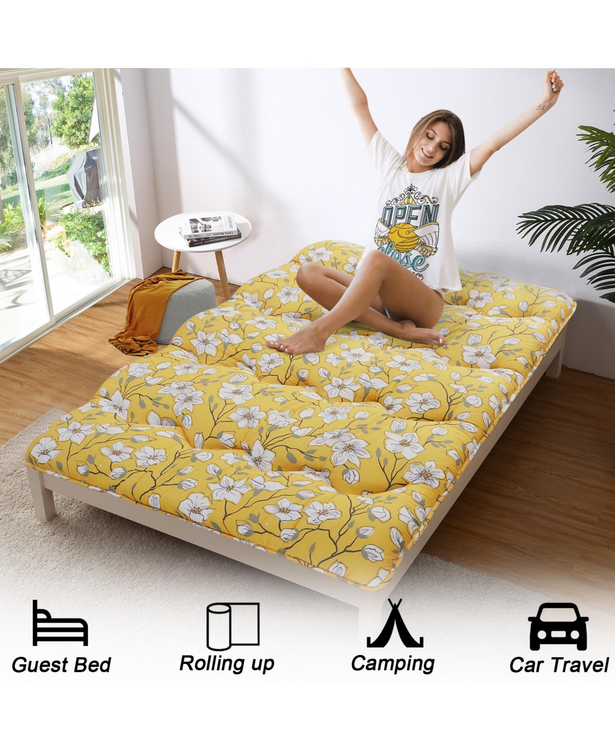 gaomon Japanese Floor Mattress, Size Futon Mattress, Thick Tatami Roll-Up Mattress for Camping & Guest Room,Flower Design - Yellow