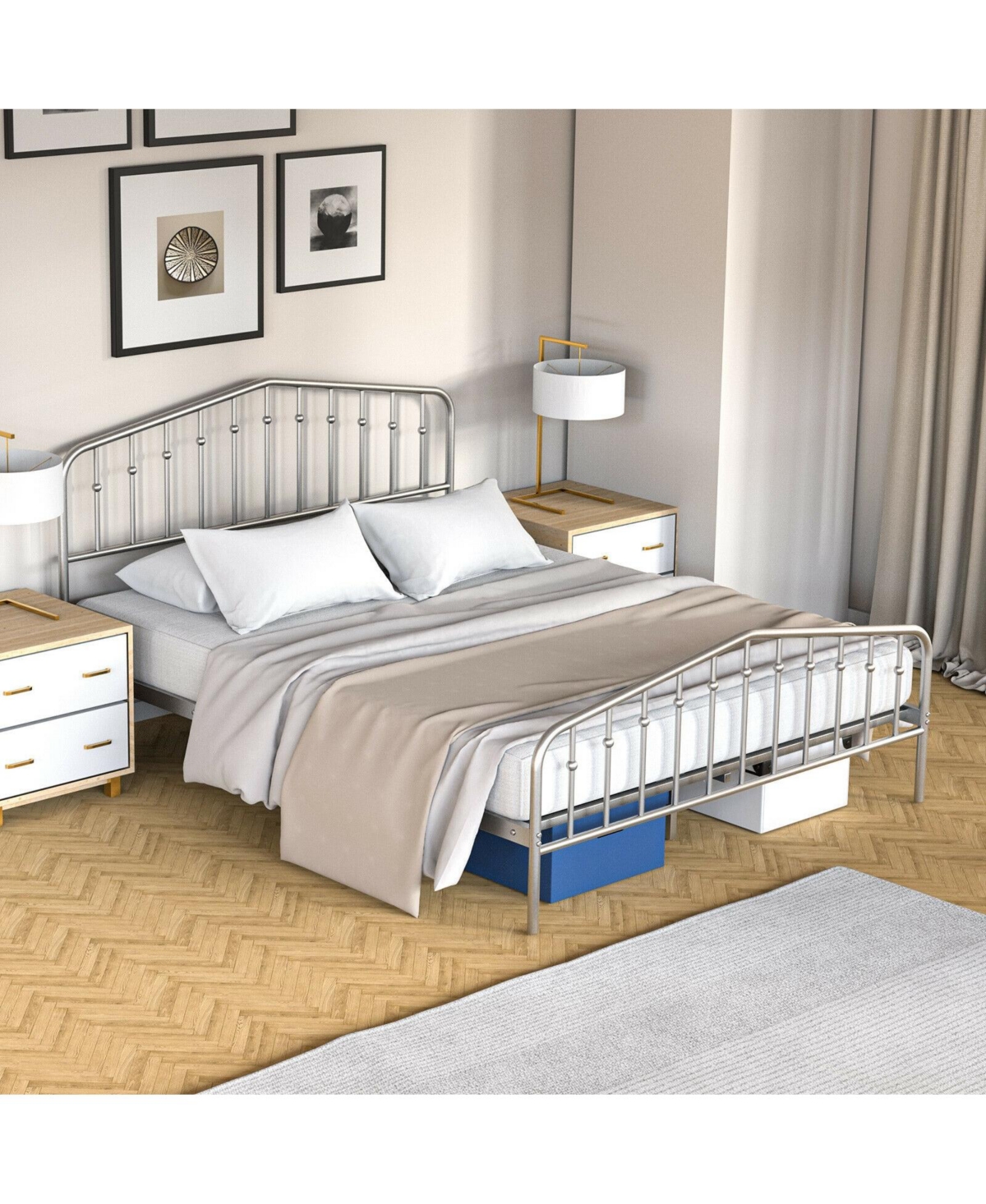 Gouun Queen Size Metal Bed Frame Platform Headboard and Footboard with Storage