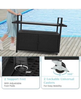 Outdoor Bar Cart Rolling Wicker Buffet Serving Cart with Tempered Glass Top Storage Cabinet and 8 Hooks