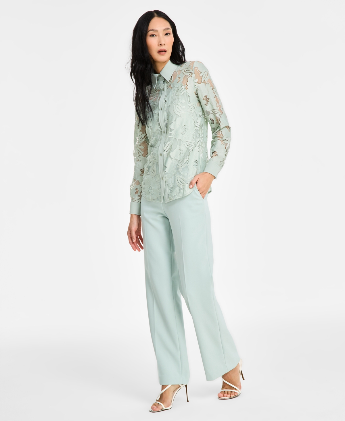 Anne Klein Womens Collared Lace Button Front Shirt Liberty Stretch High Rise Wide Leg Pull On Pants In Soft Aloe