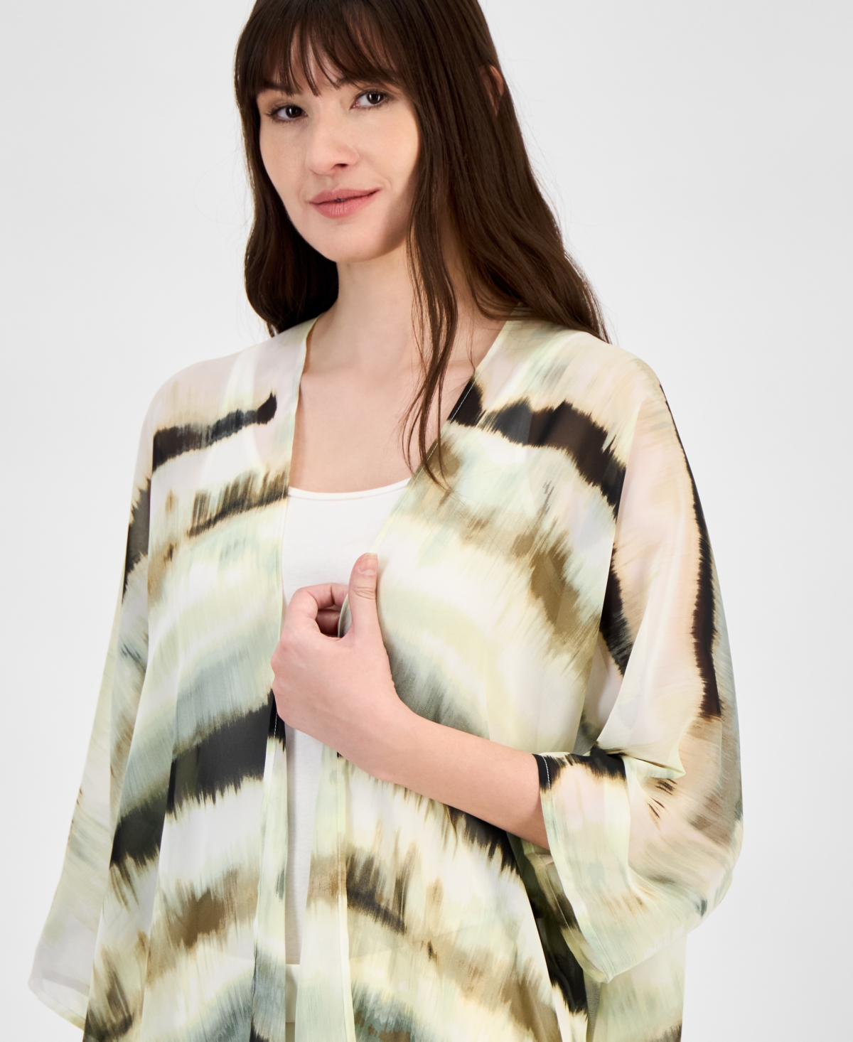 Anne Klein Printed Open-front Chiffon Kimono In White Dove Multi
