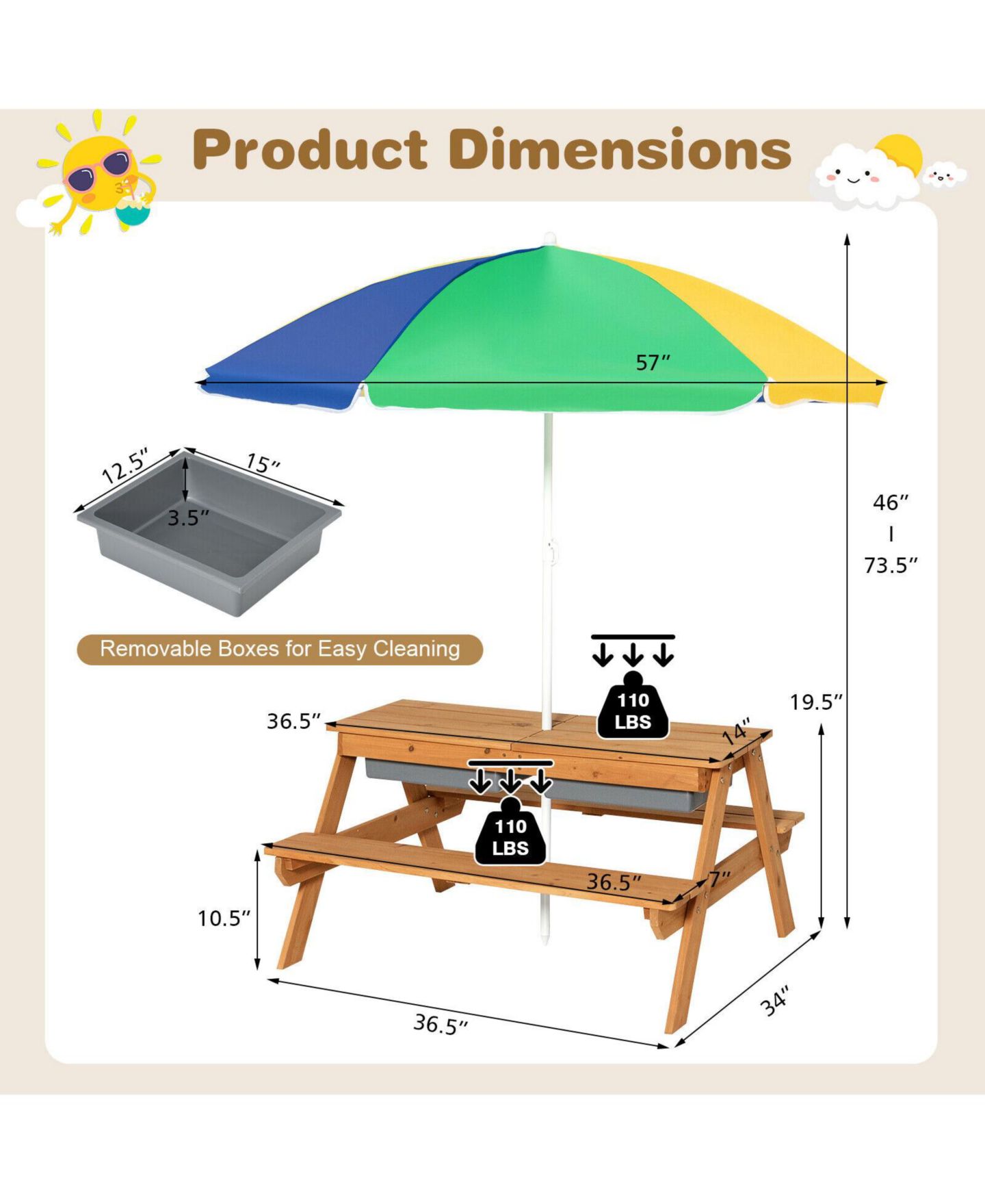 Детская игрушка GOUUN 3-in-1 Kids Outdoor Picnic Water Sand Table with Umbrella Play Boxes, цвет: Жёлтый — фото 4
