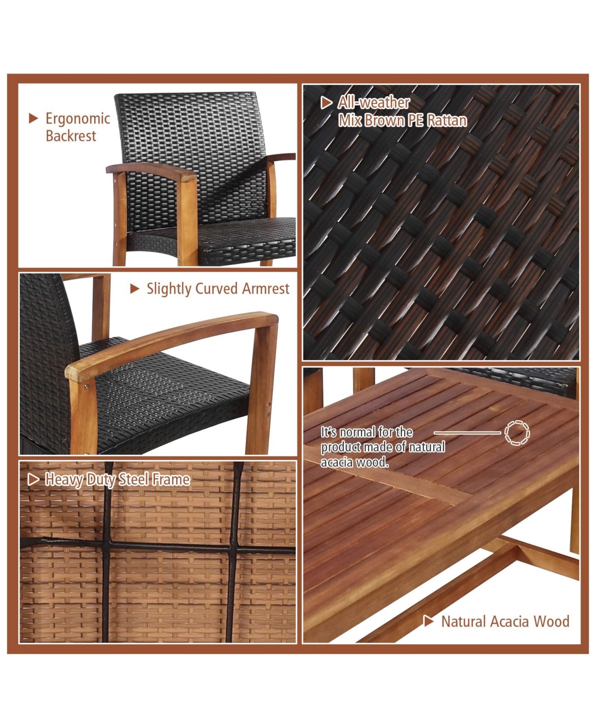 4 Pieces Pe Rattan Patio Furniture Set with Solid Acacia Wood