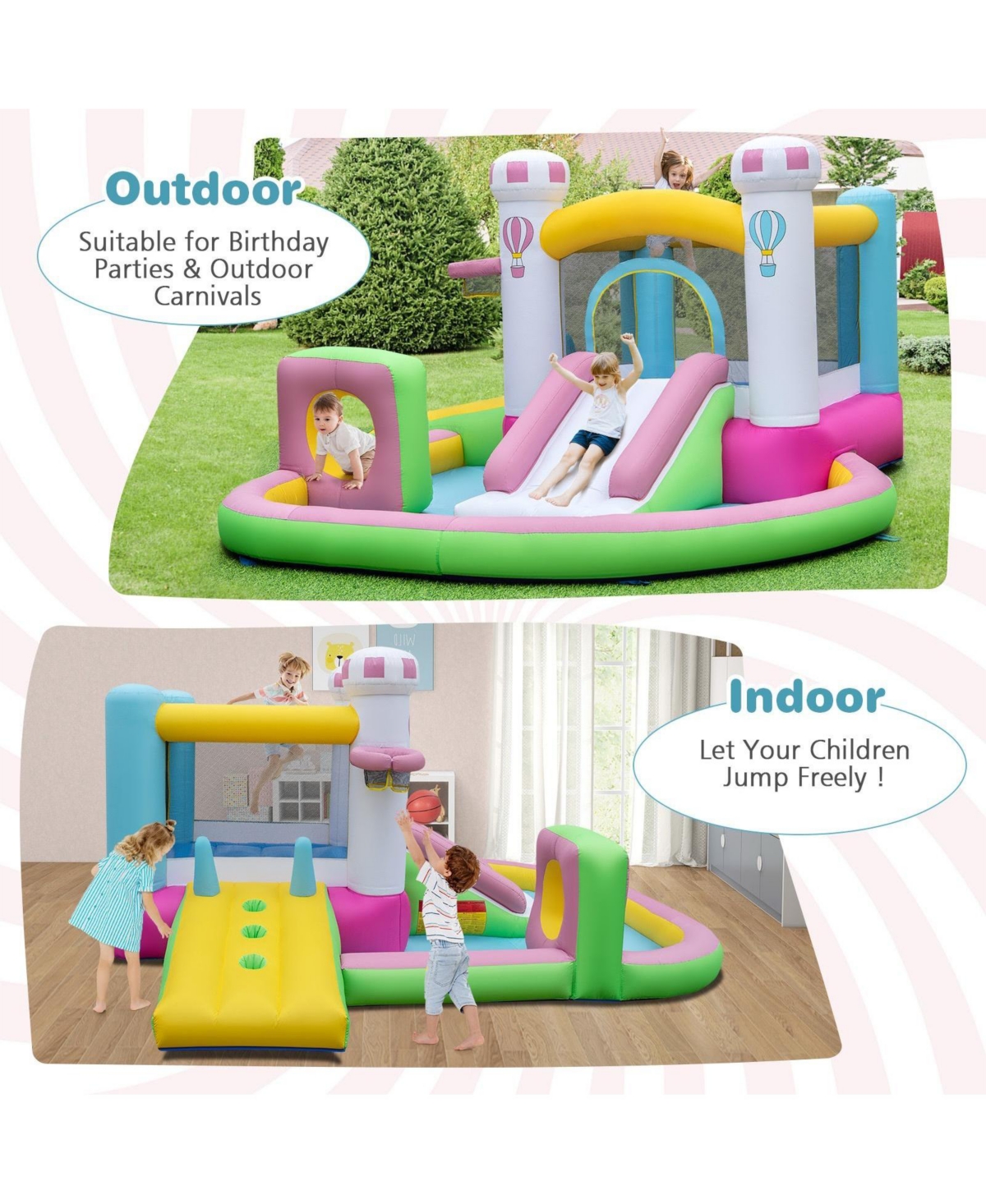 Gouun Inflatable Bounce House Bouncy Castle with Slide and Obstacle and Ball Pit without Blower