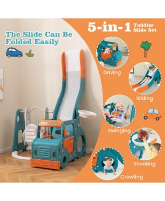 5-in-1 Kids Slide and Swing Set with Mini Bus and Basketball Hoop