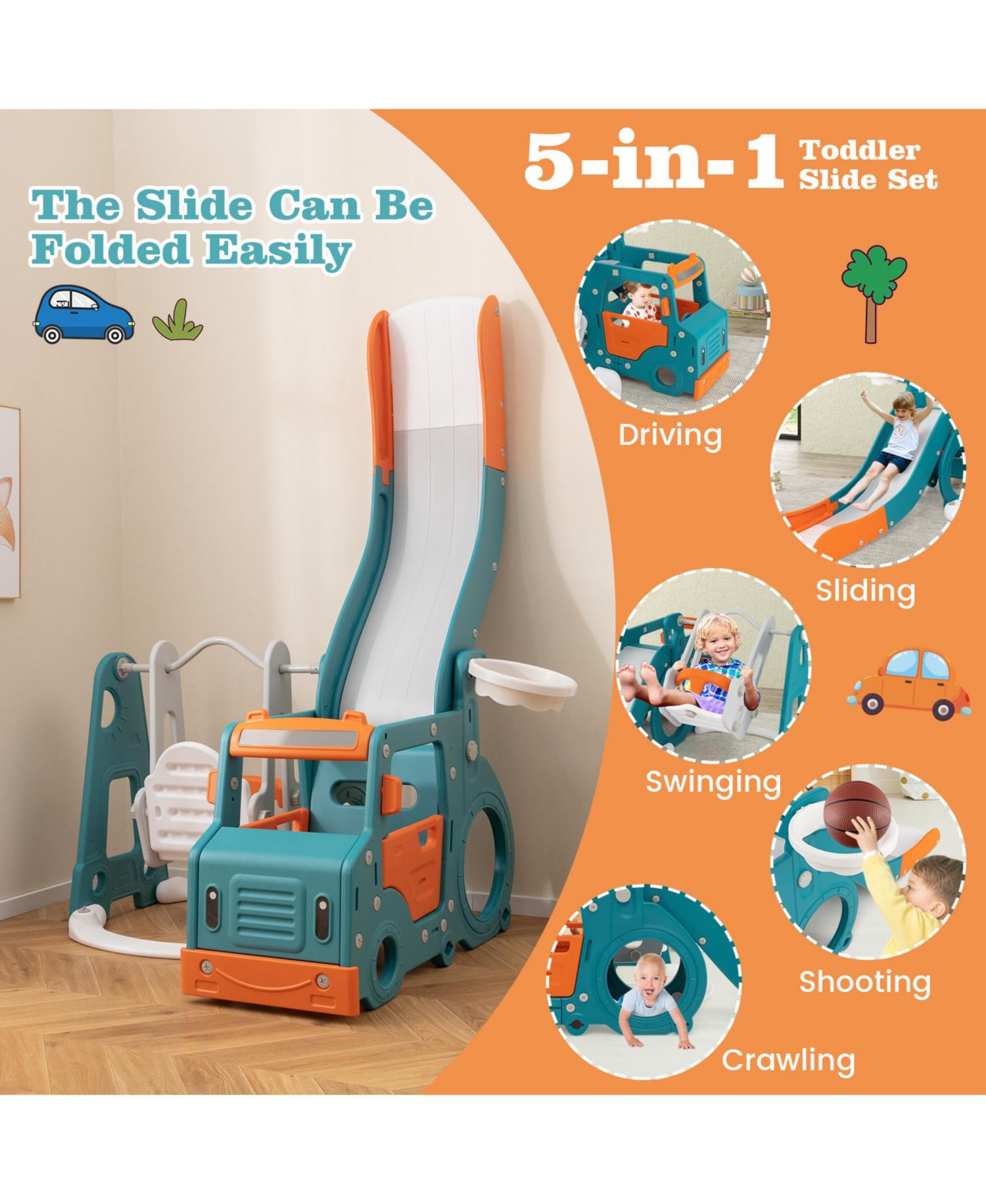Kids' 5-in-1 Slide and Swing Set with Mini Bus and Basketball Hoop