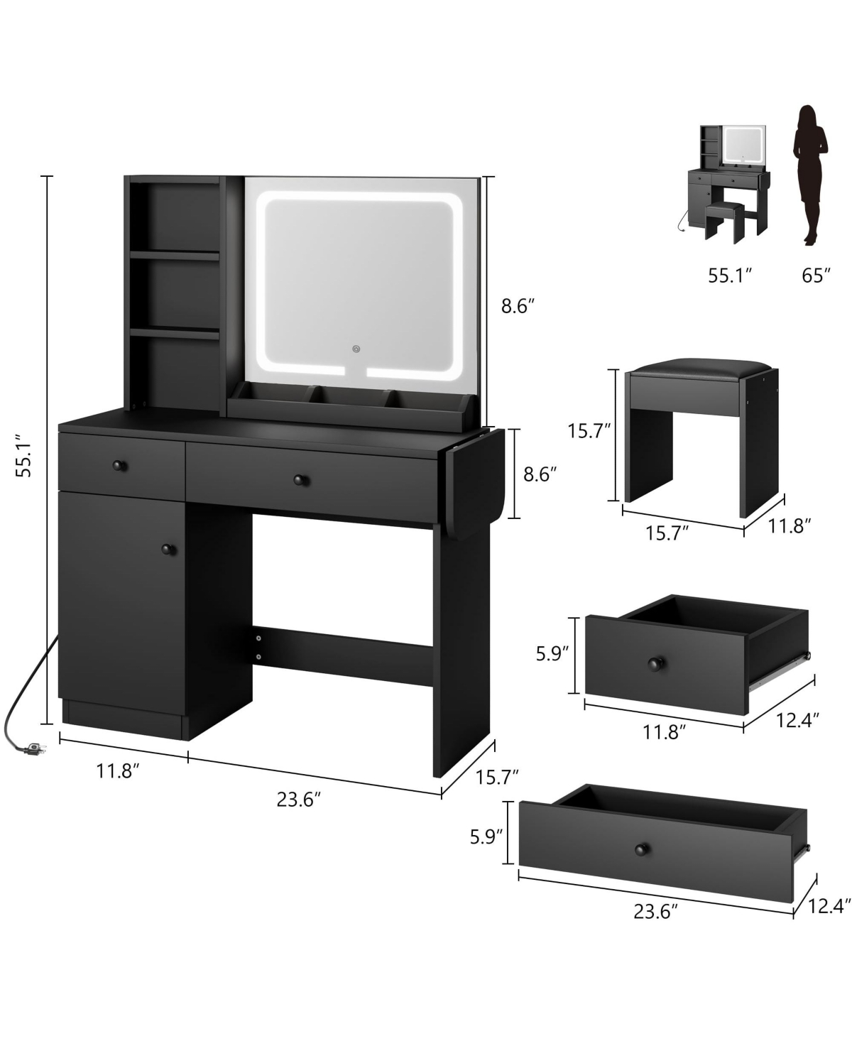 gaomon Vanity Desk with Led Lighted Mirror & Power Outlet