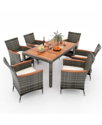 7 Pieces Patio Acacia Wood Cushioned PE Rattan Wicker Dining Set