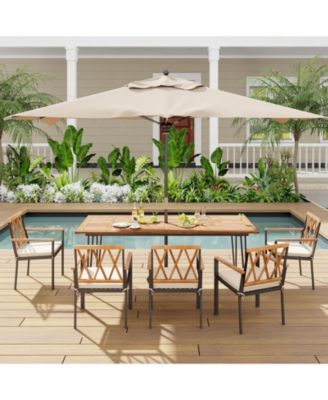 86.5 Inch Rectangular Patio Dining Table for 8 with Acacia Wood Tabletop and Umbrella Hole-86.5 inches