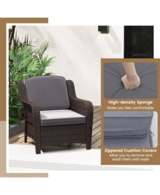 3 Pieces Outdoor Rattan Furniture Set with Cushions and Tempered Glass Table