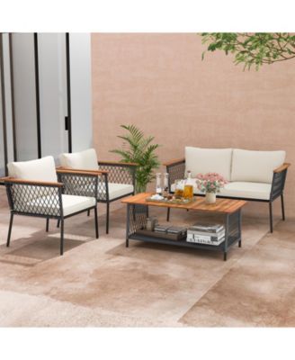 4 Piece Patio Rattan Furniture Set with 2-Tier Table
