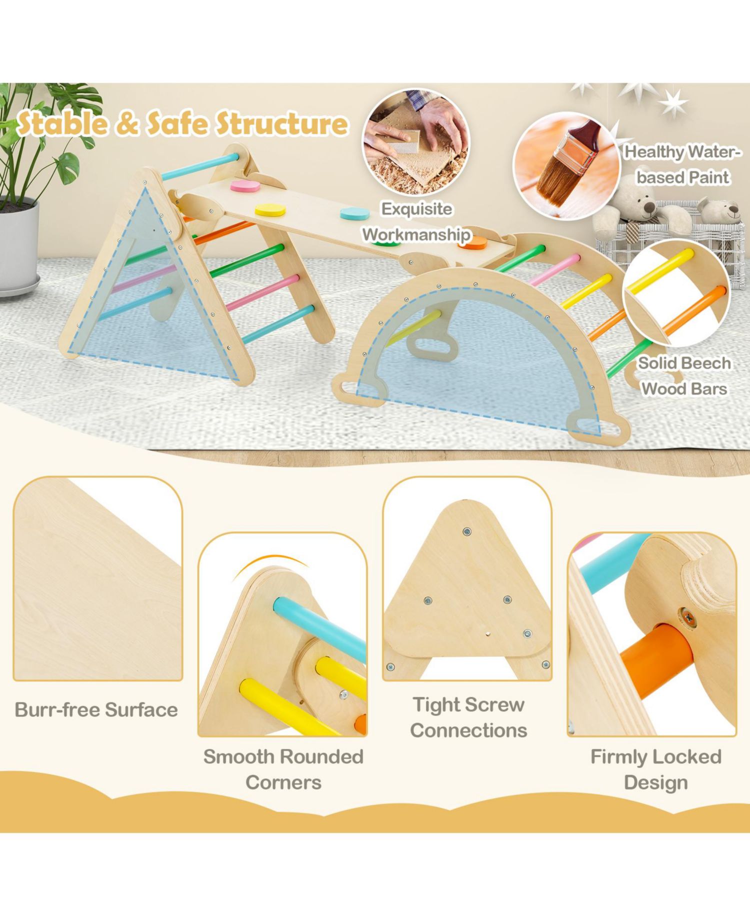 Montessori 2-in-1 Wooden Kids Climber with Triangle, Arch and Ramp