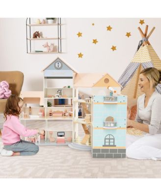 Wooden Corner Dollhouse Playset w/ 41 Pieces of Furniture and Accessories
