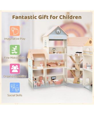 Wooden Corner Dollhouse Playset w/ 41 Pieces of Furniture and Accessories
