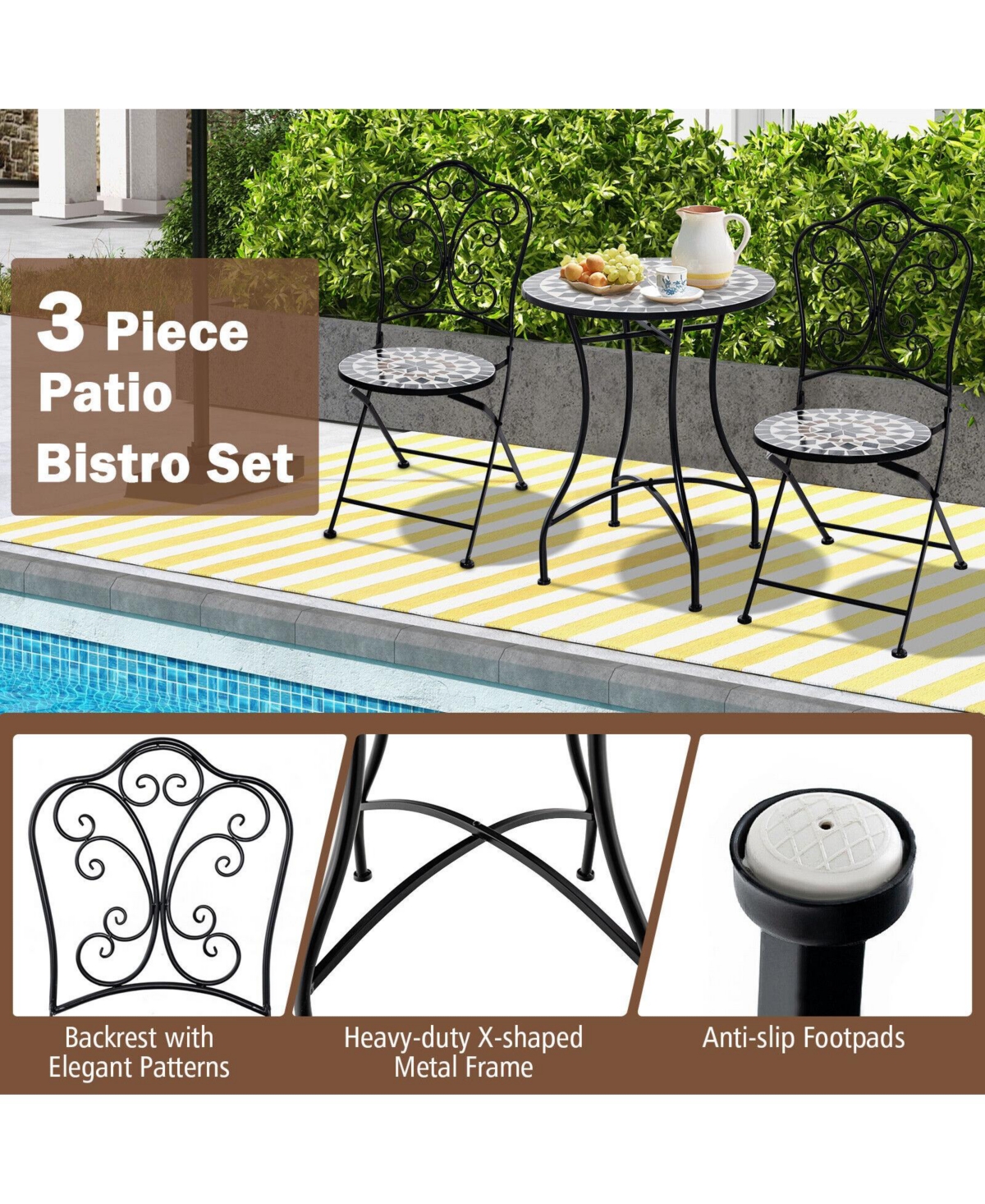 Gouun 3 Piece Patio Bistro Set with Round Table and 2 Folding Chairs