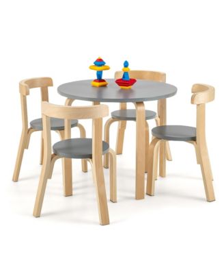 5-Piece Kids Wooden Curved Back Activity Table and Chair Set withToy Bricks