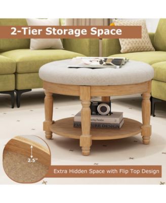 29 Inch Large Round Ottoman Table 2-Tier Upholstered Tufted Footrest Ottoman with Flip-up Top