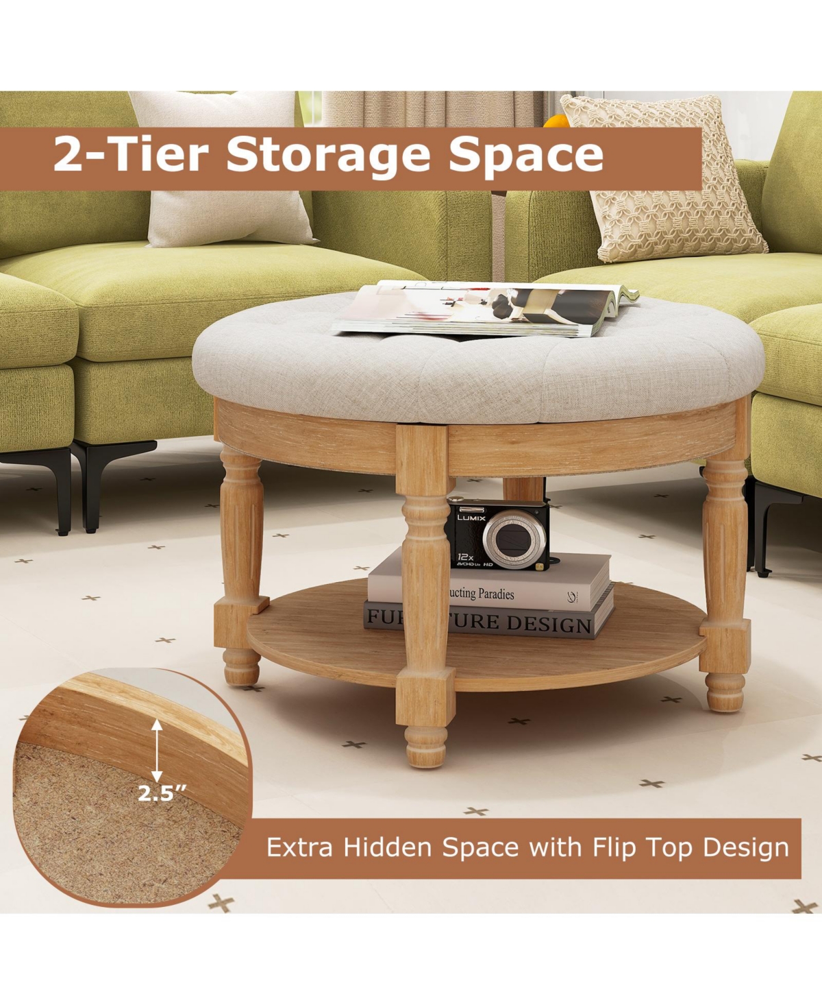Gouun 29 Inch Round Ottoman Table 2-Tier Upholstered Tufted Footrest Ottoman with Flip-up Top -khaki