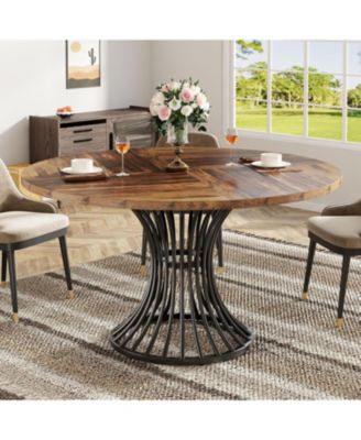 Dining Table, 47-Inch Round Wood and Metal, Seats 4–6 with Industrial Base, Space-Saving Design for Kitchen and Living Room
