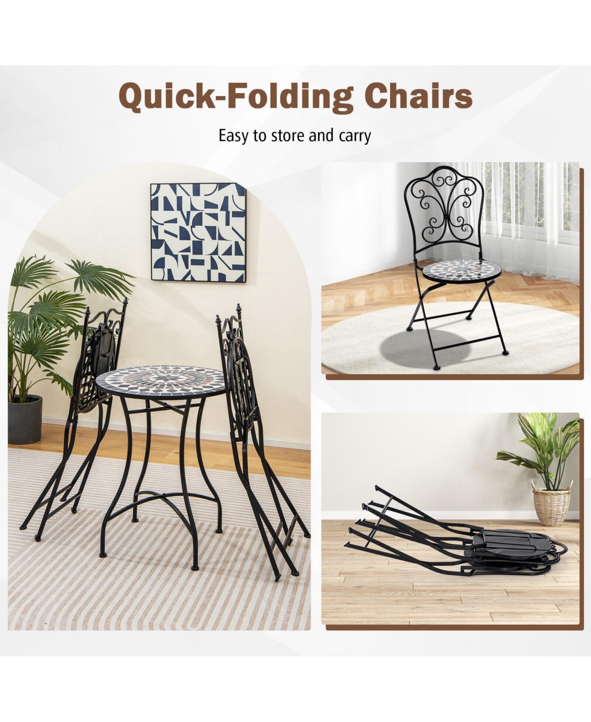 Gouun 3 Piece Patio Bistro Set with Round Table and 2 Folding Chairs