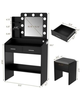 Vanity Desk with Mirror and Lights, Makeup Vanity with Power Outlet & Cushioned Stool