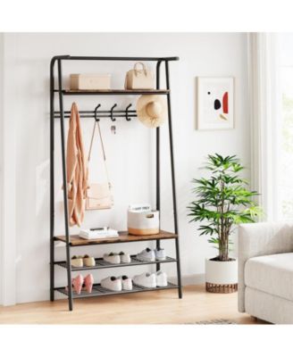 Coat Rack Shoe Bench, 4-in-1 Hall Trees Entryway Bench with Coat Rack and Shoe Rack, Wood Look Accent Furniture with Steel Frame Storage Shelf and Hanging Bar, Industrial