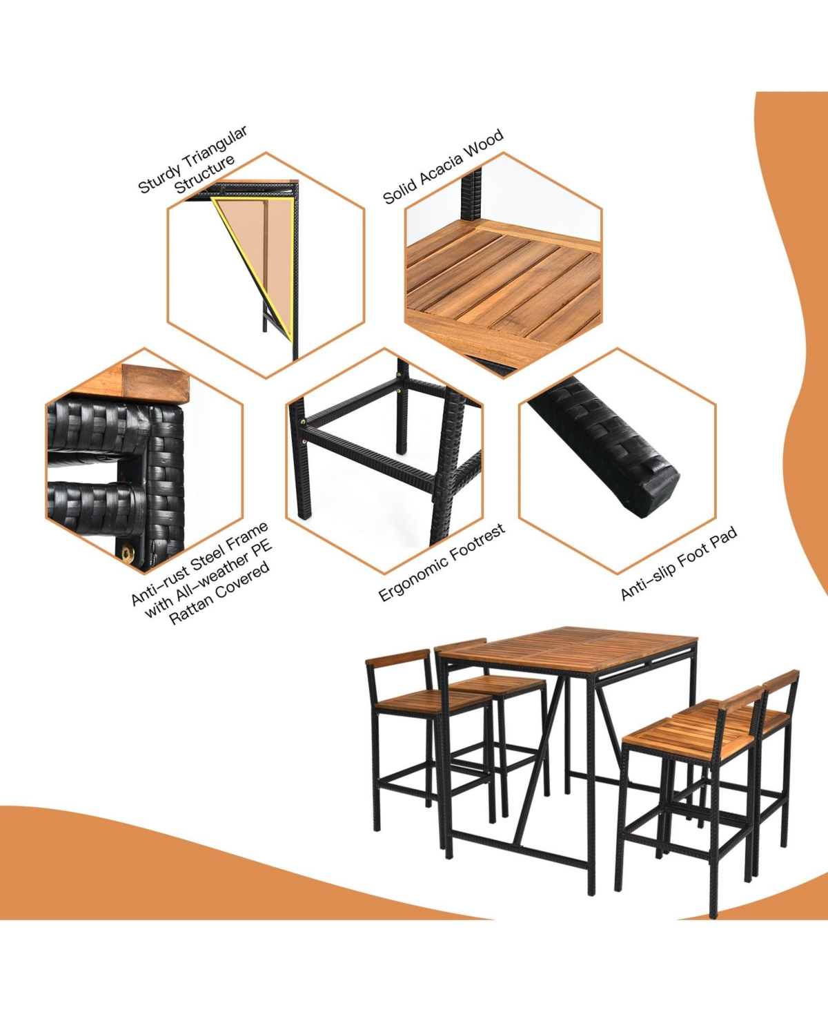 5 Pieces Outdoor Acacia Wood and Pe Rattan Bar Set