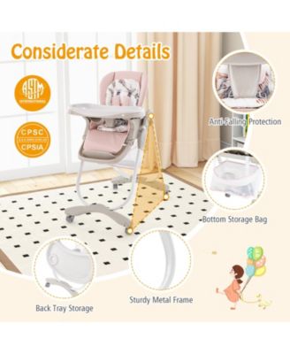 Kids Multifunctional Folding High Chair with Rolling Wheels and Adjustable Height