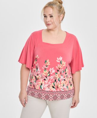 売れ筋商品|||ジェイエムコレクション カットソー トップス レディース Plus Size Printed Square-Neck Short-Sleeve Top, Exclusively at Macy's Neo Jade Combo JM Collection Plus Size Printed Square-Neck Short-Sleeve Top