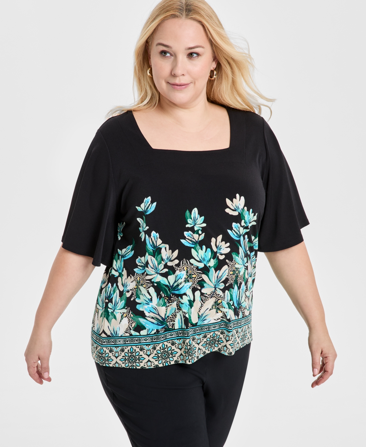 Jm Collection Plus Size Printed Square-neck Short-sleeve Top, Exclusively At Macy's In Multi