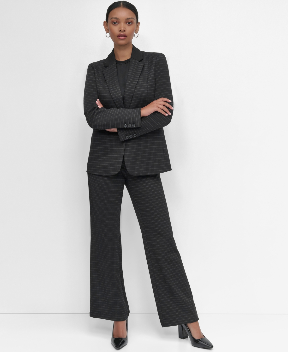 Shop Dkny Petite Ponte One-button Blazer In Black,icy Chip Grey Combo