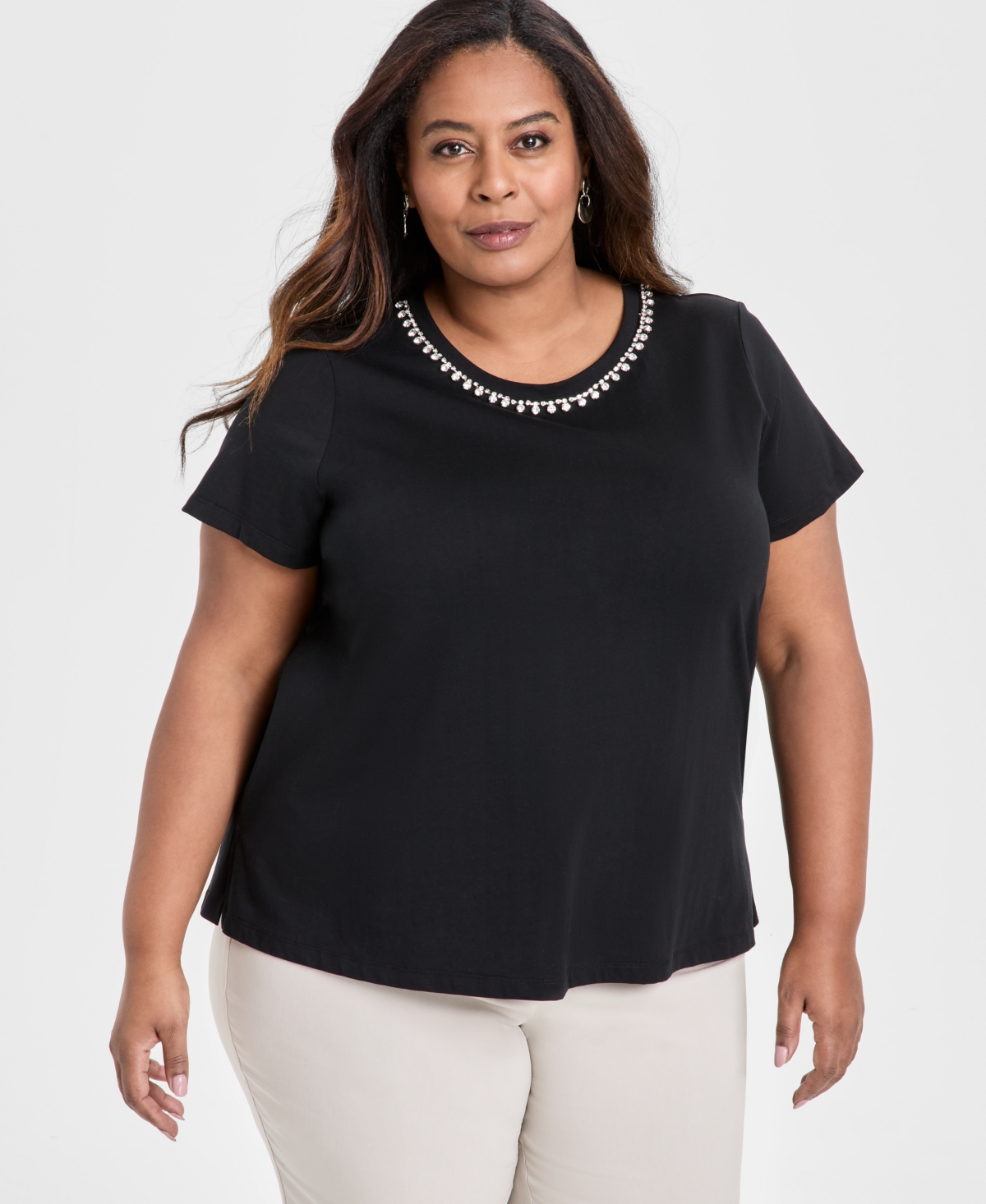 Plus Size Rhinestone-Trim T-Shirt, Exclusively at Macy's - Neo Jade Combo