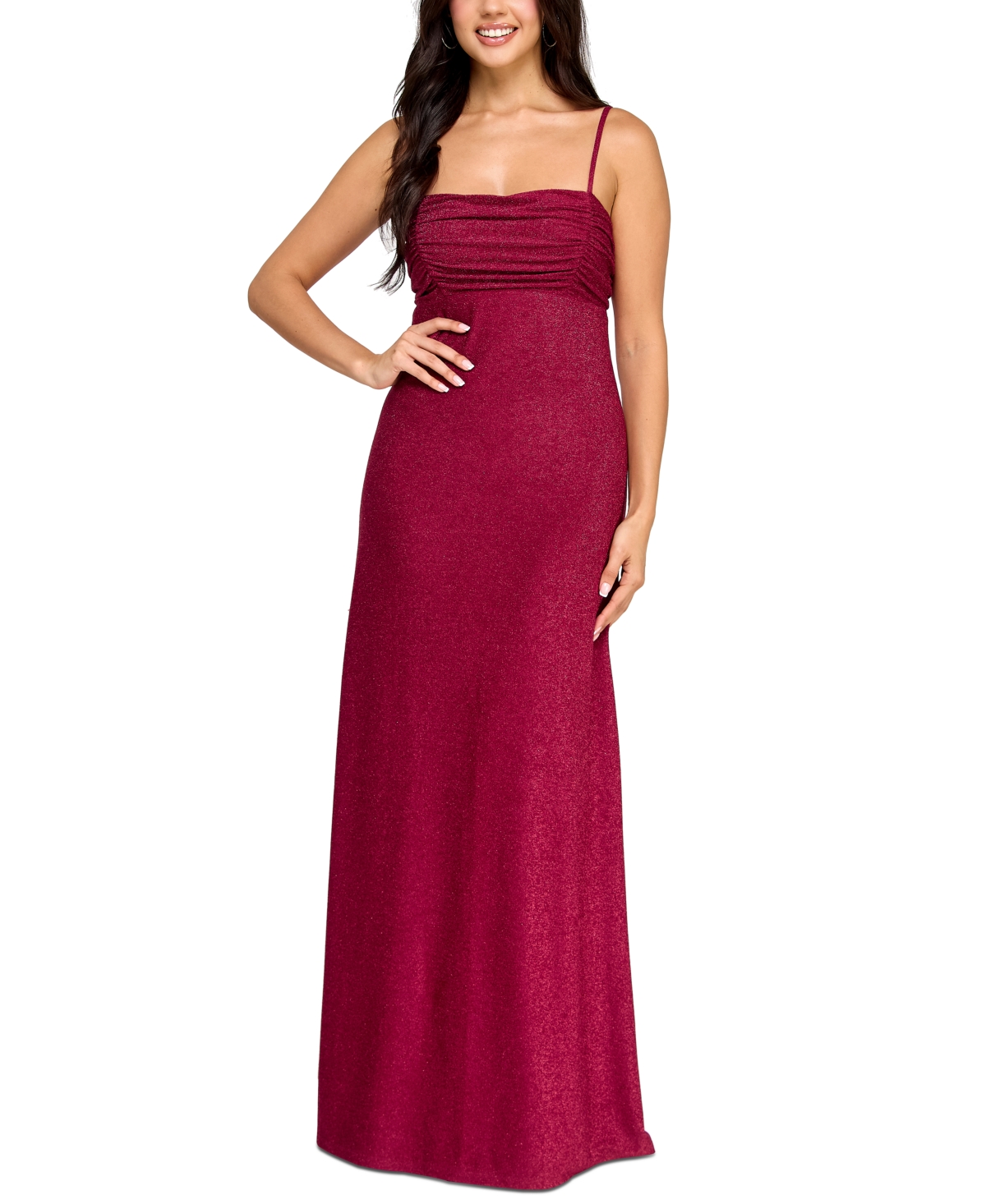 Jump Juniors' Glitter Tie-back Pleated-neck Gown, Created For Macy's In Wine