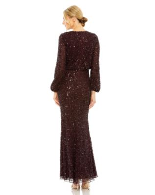 Women's High Neck Long Sleeve Beaded Blouson Gown