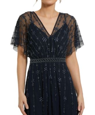 Women's V Neck Embellished Flutter Sleeve A Line Gown