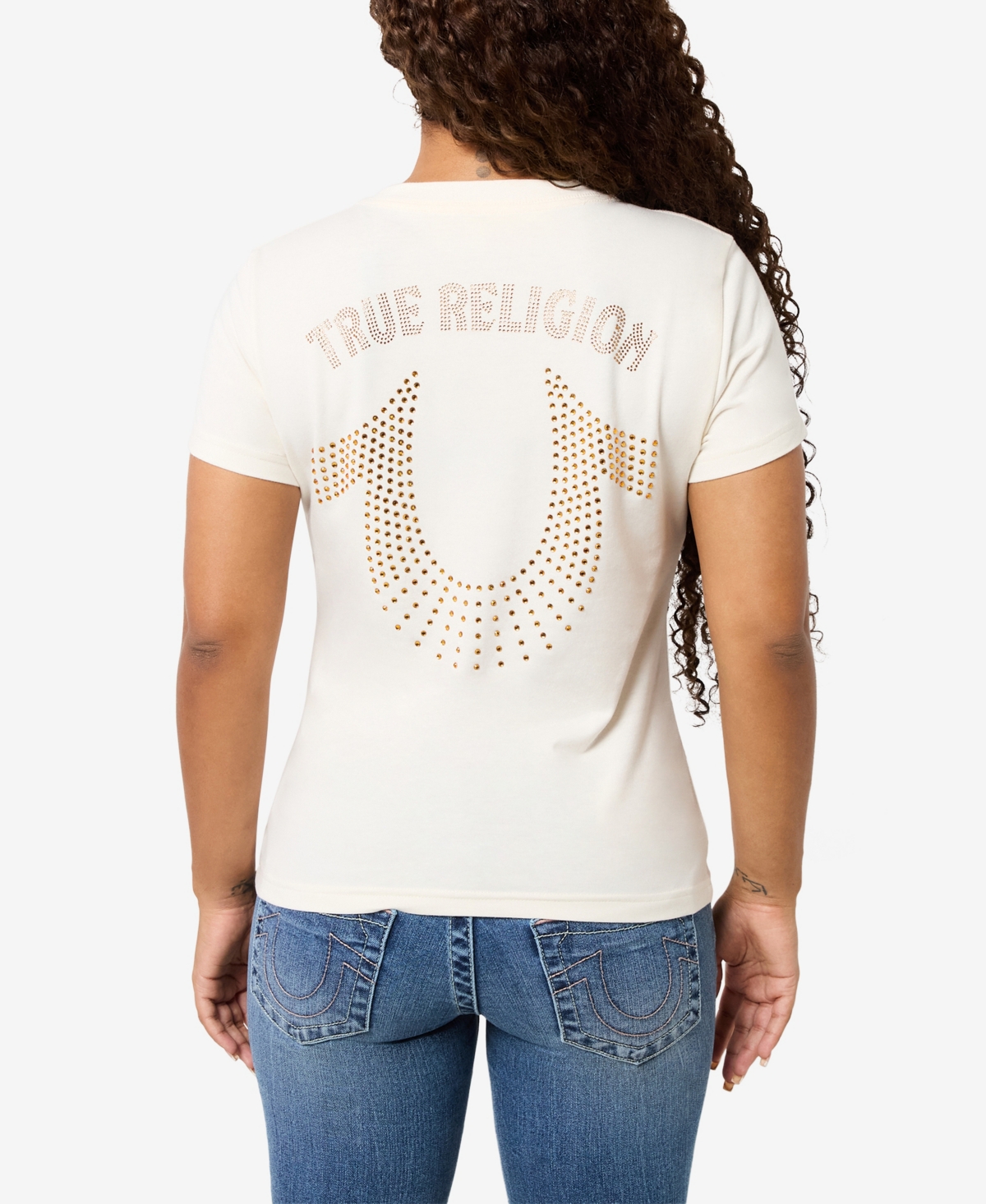 TRUE RELIGION WOMEN'S CRYSTAL HORSESHOE V NECK T-SHIRT 