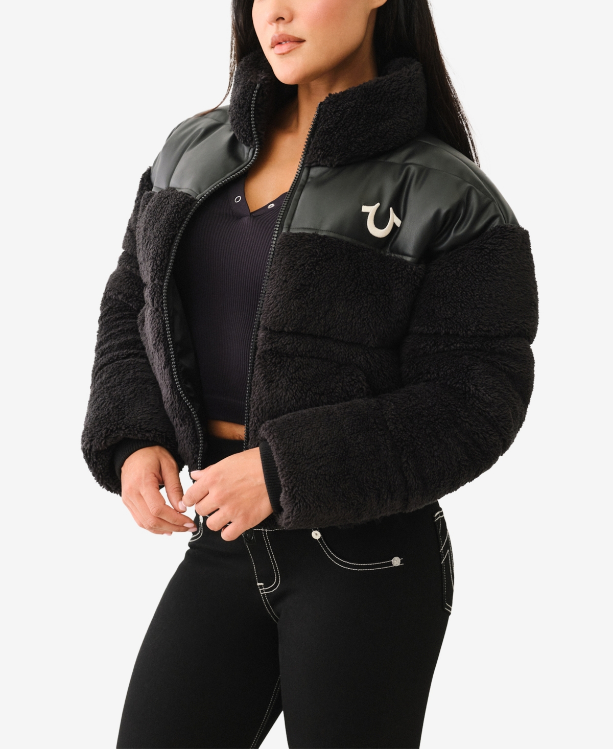 TRUE RELIGION WOMEN'S SHERPA YOKE LONG SLEEVE JACKET 