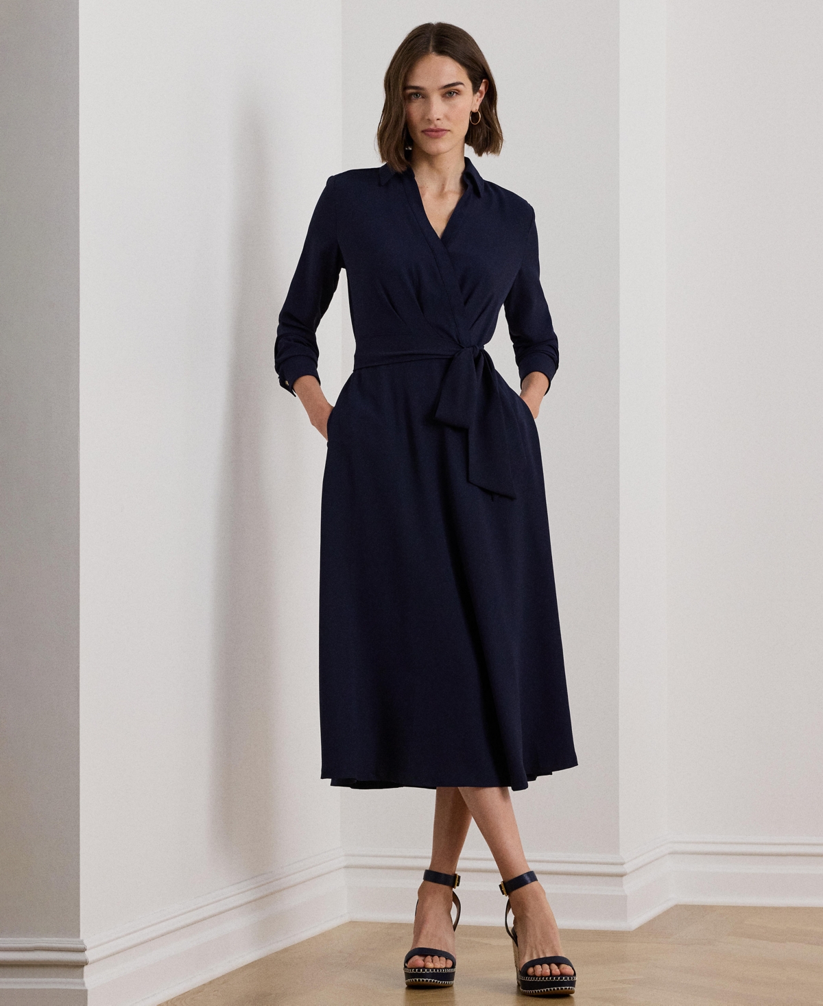 RALPH LAUREN WOMEN'S SELF-BELT LONG-SLEEVE SURPLICE GEORGETTE MIDI DRESS 