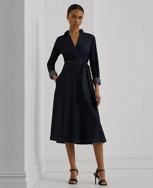 women's self-belt long-sleeve surplice georgette midi dress