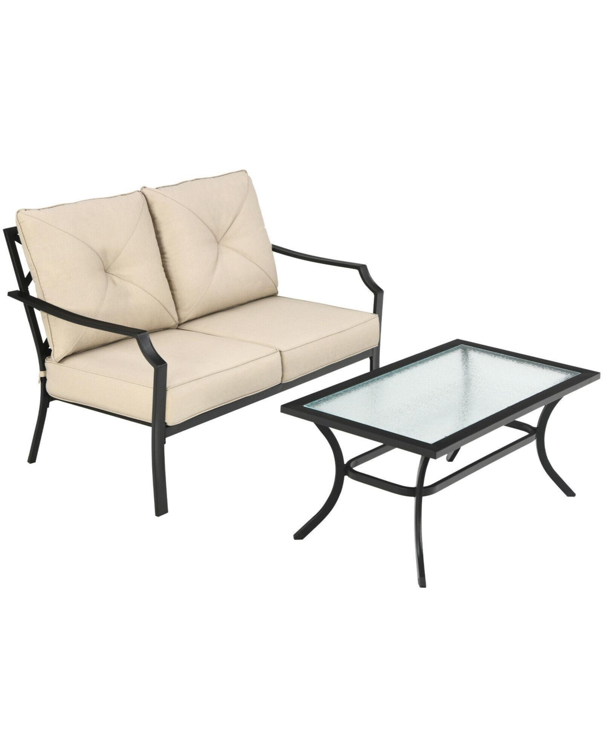 Gouun 2 Pieces Patio Outdoor Cushioned Sofa Bench with Table -khaki