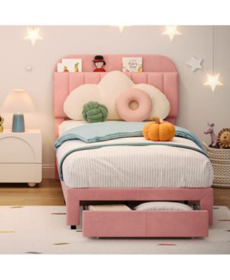 Twin Bed Frame with Drawer, Velvet Upholstered Platform Bed Frame with Storage Headboard, No Box Spring Needed, Easy Assembly, Noise-Free