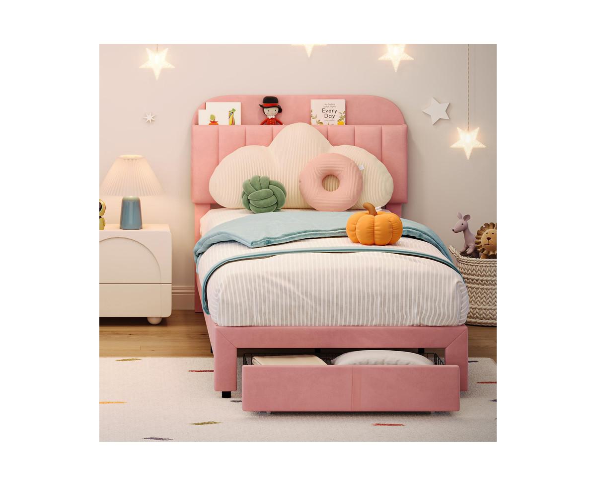 gaomon Bed Frame with Drawer, Velvet Upholstered Platform Bed Frame with Storage Headboard, No Box Spring Needed, Easy Assembly, Noise-Free - Pin