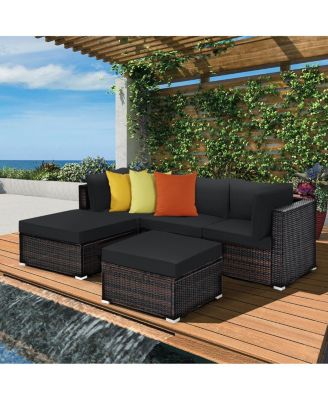 5 Pieces Patio Rattan Sofa Set with Cushion and Ottomans