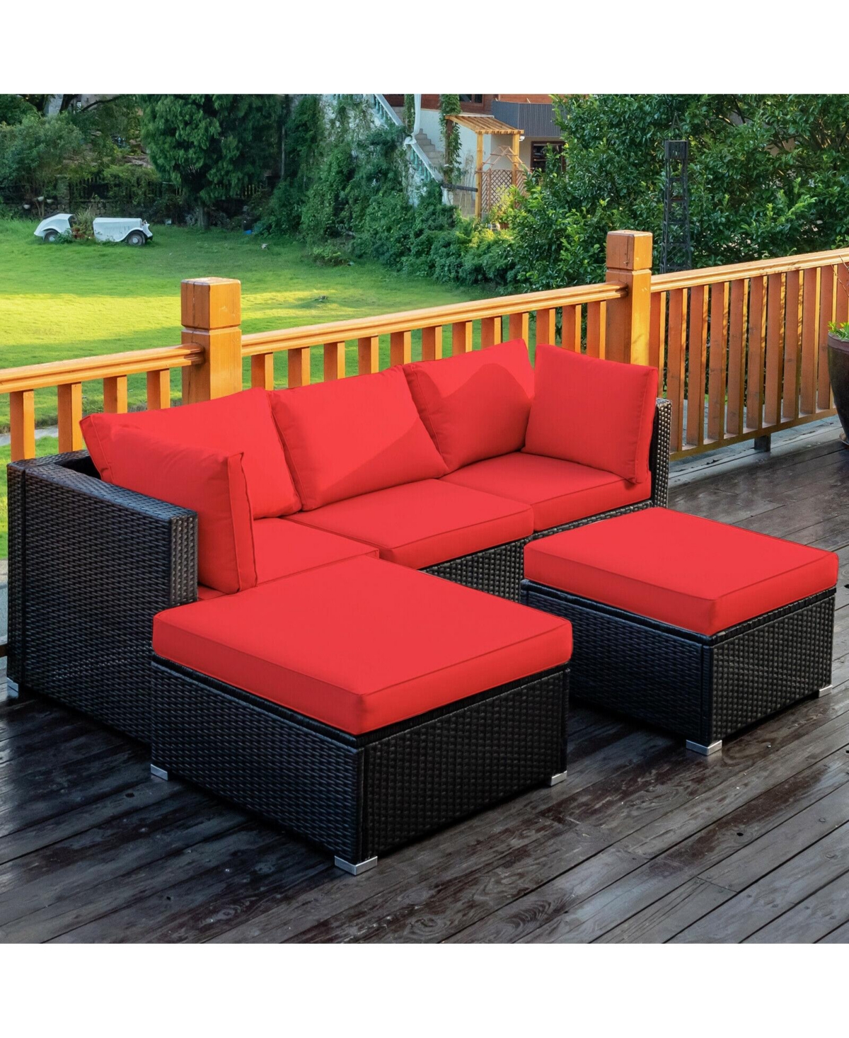 5 Pieces Patio Rattan Sofa Set with Cushion and Ottomans