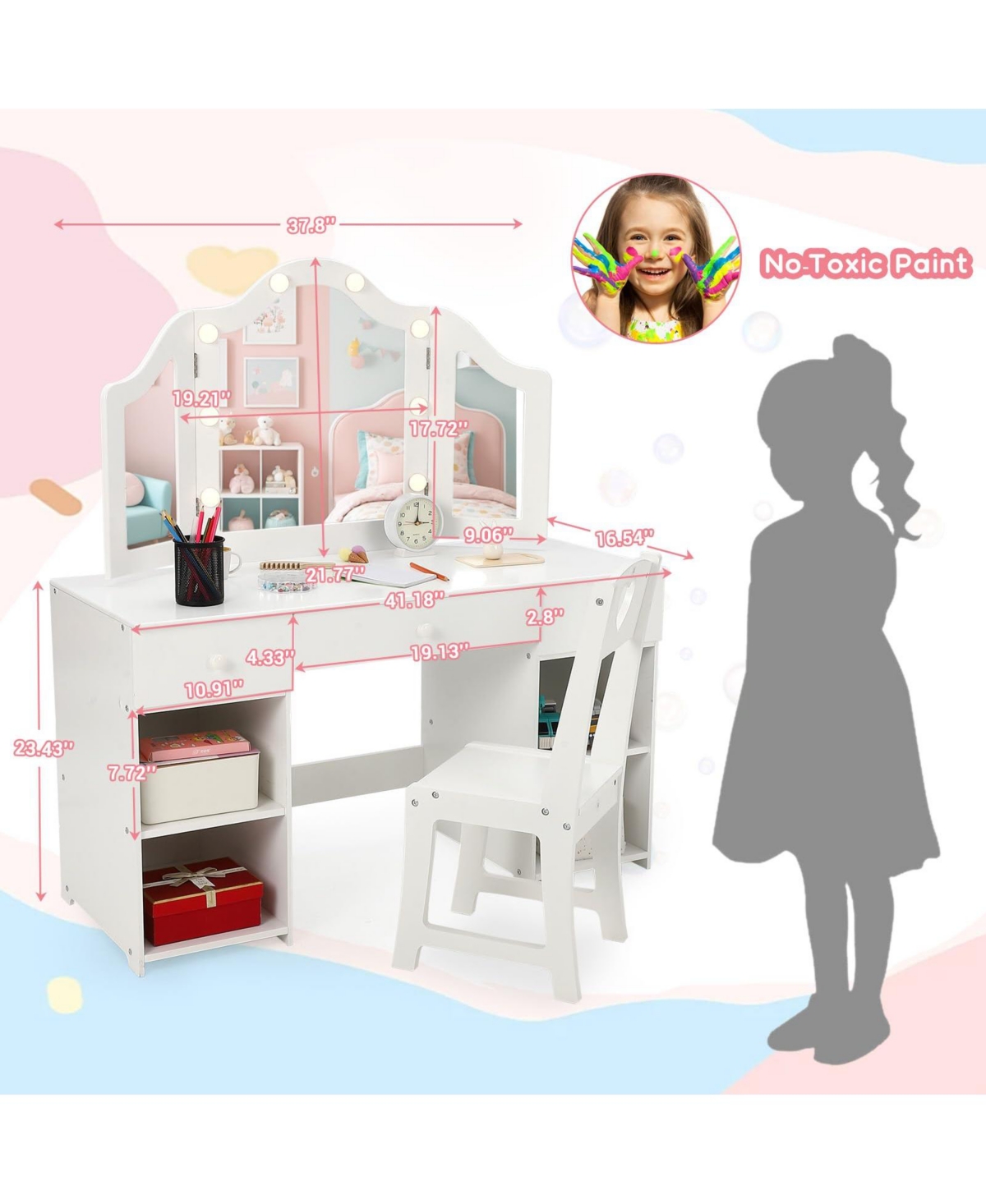 gaomon Kids Vanity Table, Princess Makeup Desk & Chair Set Withtouch Light Detachable Tri-Folding Mirror