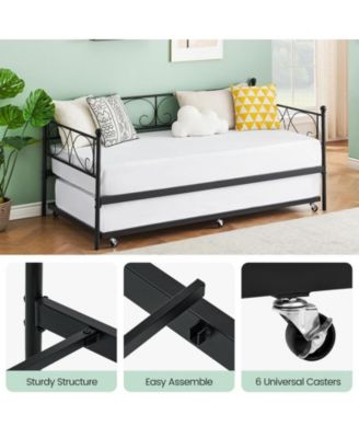Twin Daybed with Trundle, Modern Metal Daybed with Classic Headboard, Steel Slat Support Sofa Bed for Bedroom, Living Room, Guest Room