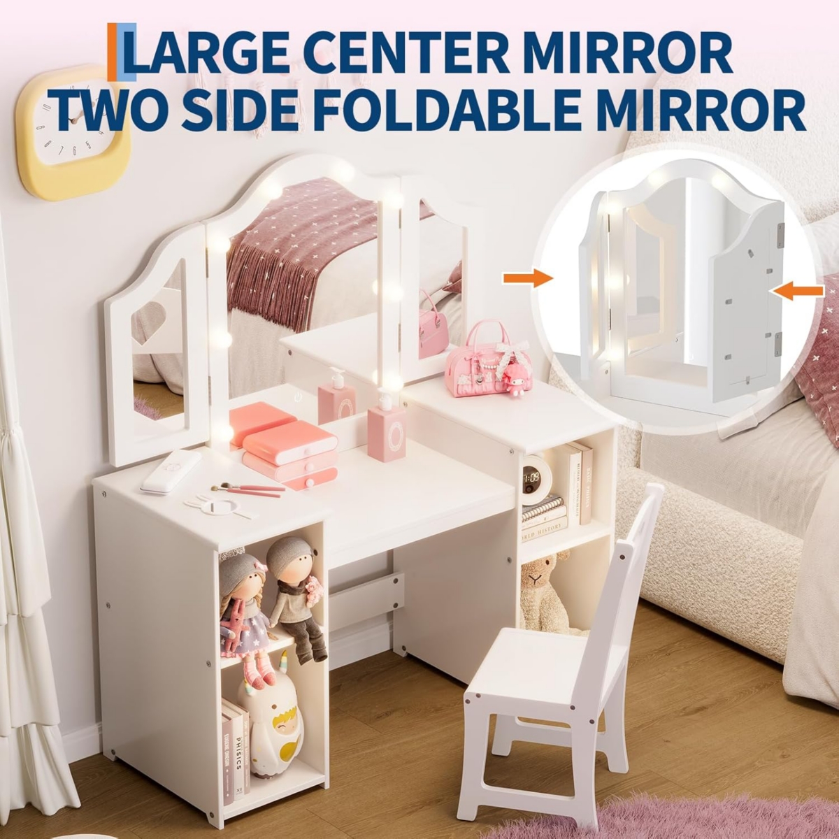 gaomon Kids Vanity Set, 2-in-1 Princess Makeup Table with Tri-Folding Mirror & Drawer, Stool, Toddler Vanity, Pretend Play Set for