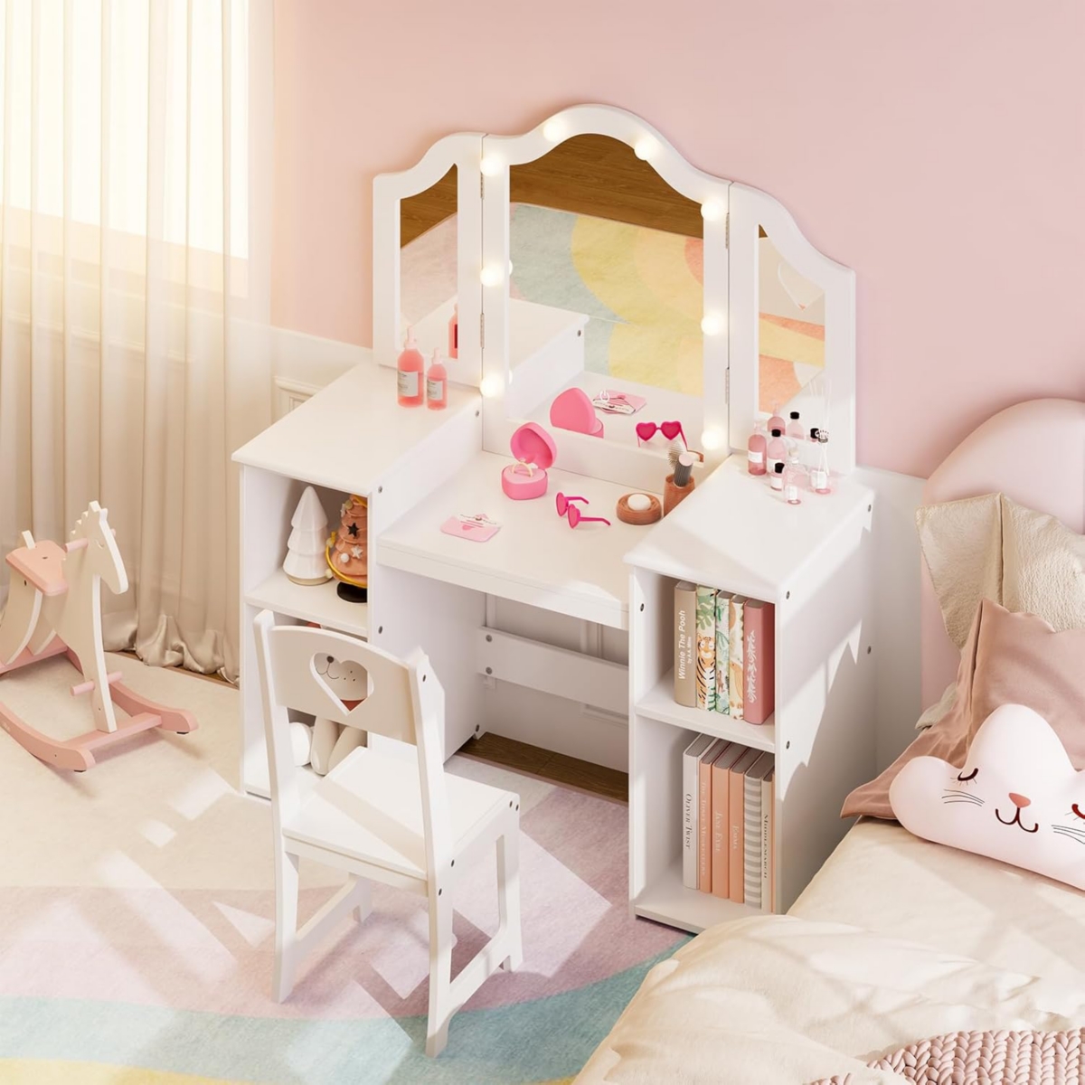 gaomon Kids Vanity Set, 2-in-1 Princess Makeup Table with Tri-Folding Mirror & Drawer, Stool, Toddler Vanity, Pretend Play Set for